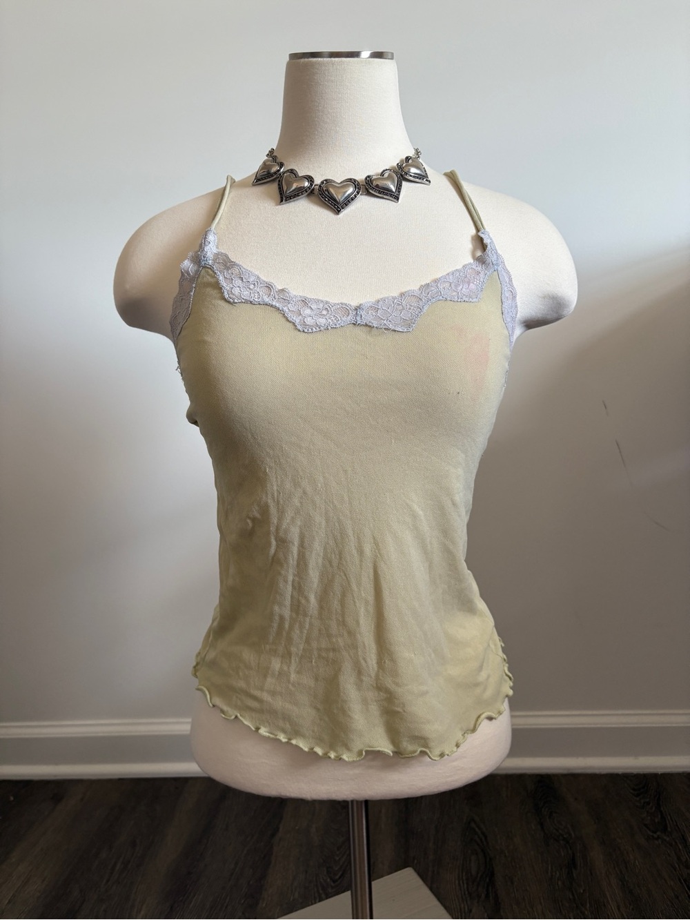 Old Navy Light Olive Green Lace Trim Cami | Sheer Y2K